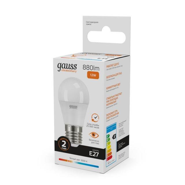 Лампа светодиодная Elementary 12Вт P45 шар 3000К тепл. бел. E27 880лм GAUSS 53212
