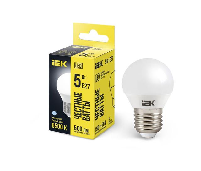 Лампа светодиодная ECO G45 5Вт шар 6500К E27 230В IEK LLE-G45-5-230-65-E27