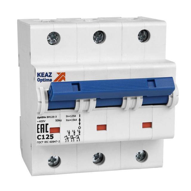 Выключатель автоматический модульный 3п D 100А 15кА OptiDin BM125-3D100-14ln-УХЛ3 КЭАЗ 138603