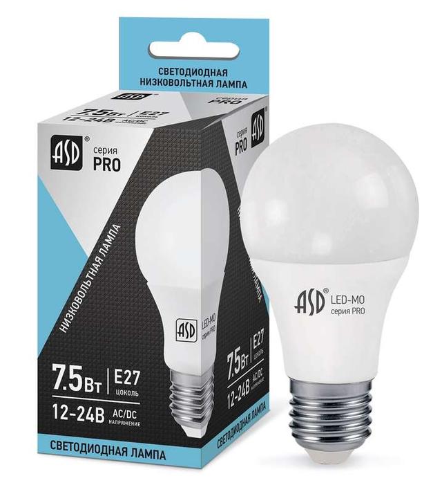 Лампа светодиодная LED-MO-12/24V-PRO 7.5Вт 4000К нейтр. бел. E27 600лм 12-24В низковольтная ASD 4690612006956